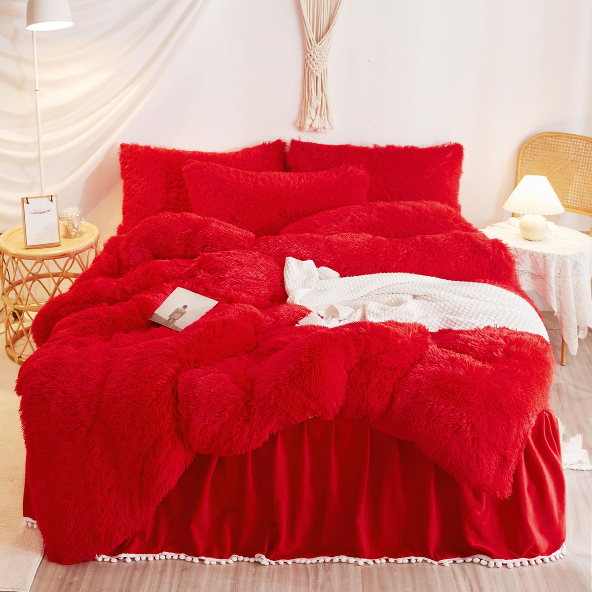 Haihua Fluffy Red Comforter Cover King Set,Faux Fur Red Comforter Cover Set 3 Pieces(1 Plush Duvet Cover +2 Shaggy Pillowcases)