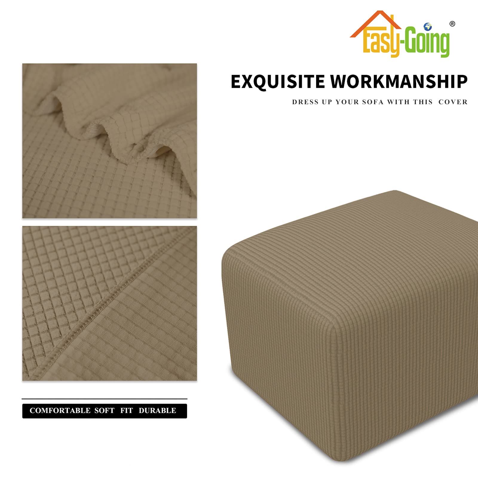 Easy-Going Stretch Square Ottoman Cover Folding Storage Stool Furniture Protector Soft Rectangle Slipcover With Elastic Bottom (15X15X15Inch, Tan)