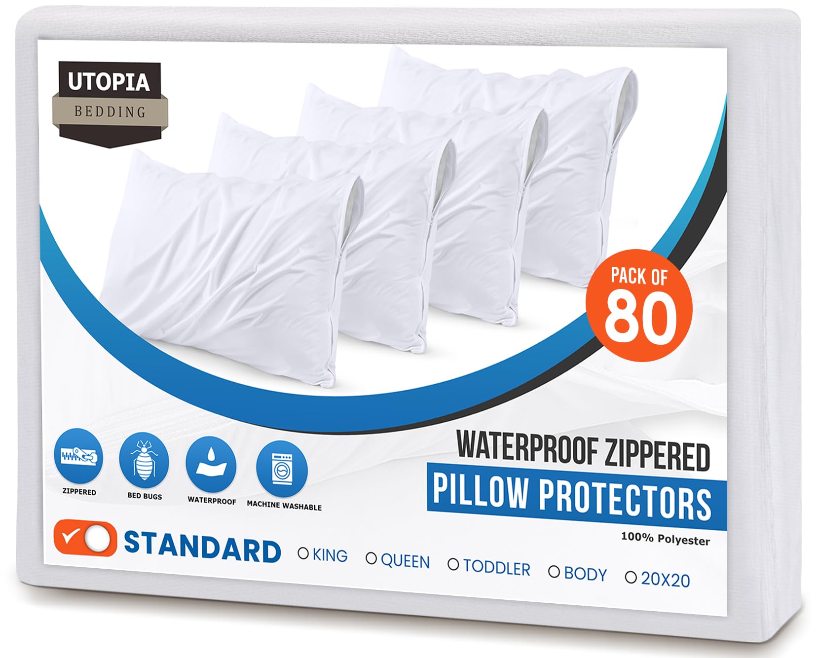 Utopia Bedding 80 Pack Waterproof Pillow Protectors With Zipper Standard Size (White), Bed Bug And Dust Mite Proof Pillow Case C
