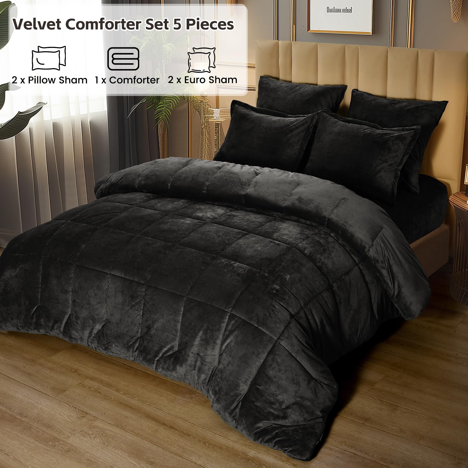 PHF King Size Double-Sided Velvet Comforter Set, 5 Piece Luxury Bedding in Black - Soft, Warm, Modern Bed in a Bag with Pillow Shams