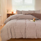 NSNLGSGC Mocha Gingham Duvet Cover Set Twin, Dark Tan Grid Simple Geometric Square Pattern Comforter Cover,Soft Plaid Washed Mic