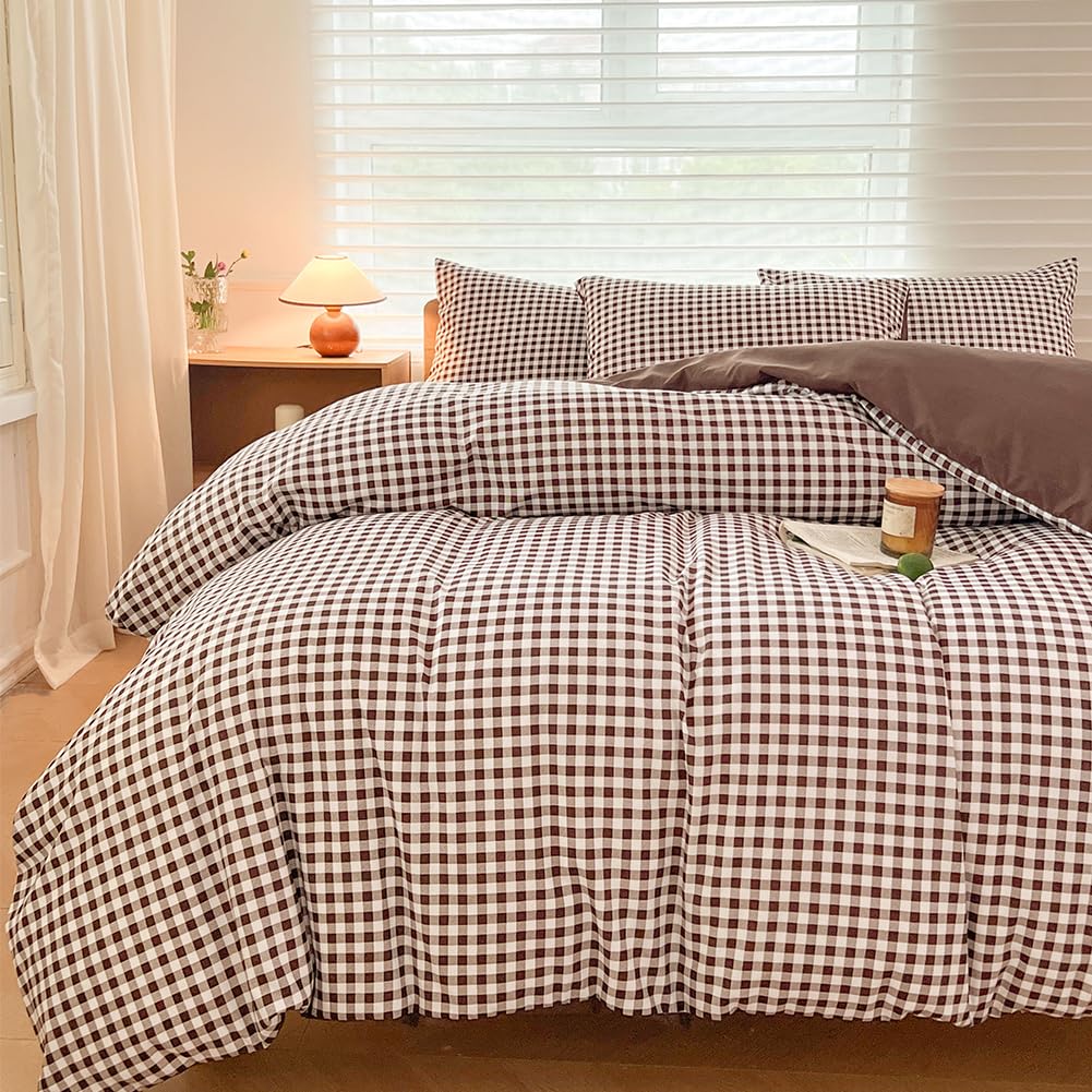 NSNLGSGC Mocha Gingham Duvet Cover Set Twin, Dark Tan Grid Simple Geometric Square Pattern Comforter Cover,Soft Plaid Washed Mic