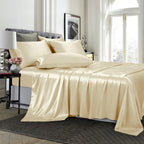 Treely 6 Piece Satin Sheets Full Size Silky Smooth Beige Satin Sheet Set With Deep Pocket, Satin Fitted Sheet, Flat Sheet, 4 Sat