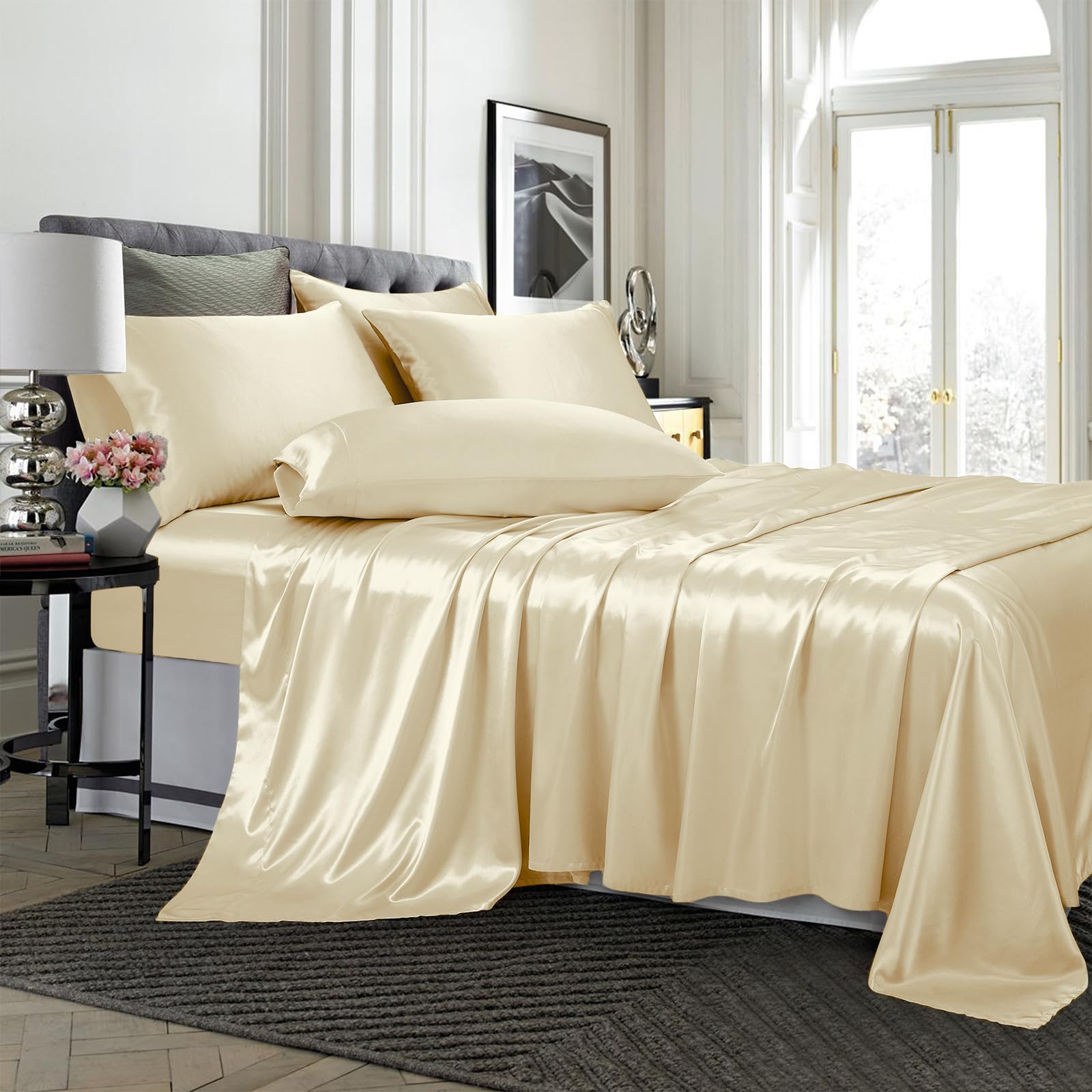Treely 6 Piece Satin Sheets Full Size Silky Smooth Beige Satin Sheet Set With Deep Pocket, Satin Fitted Sheet, Flat Sheet, 4 Sat