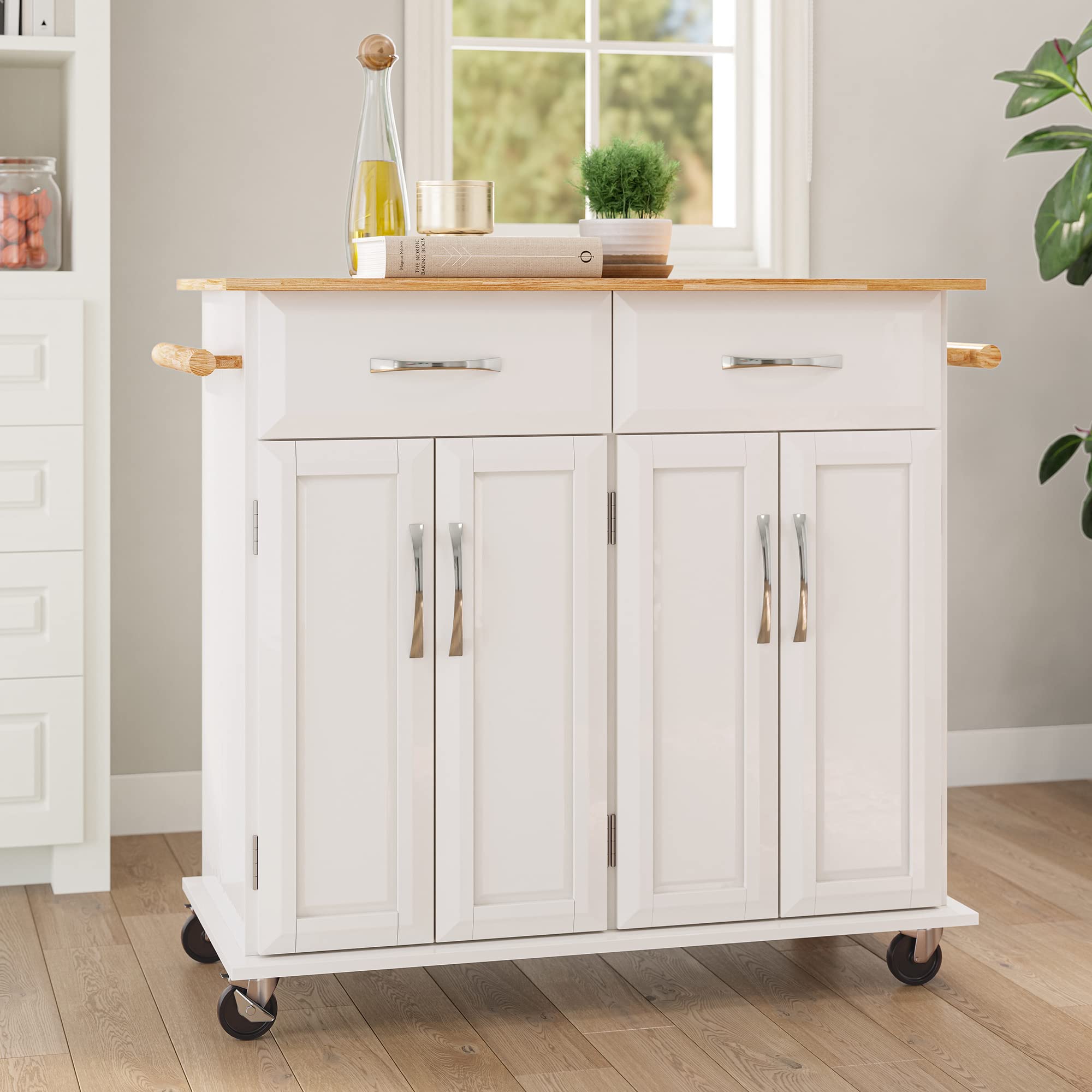 Belleze Rolling Kitchen Island Cart On Wheels With Storage Cabinet, Mobile Kitchen Cart Island Table With 2 Drawers Towel Racks