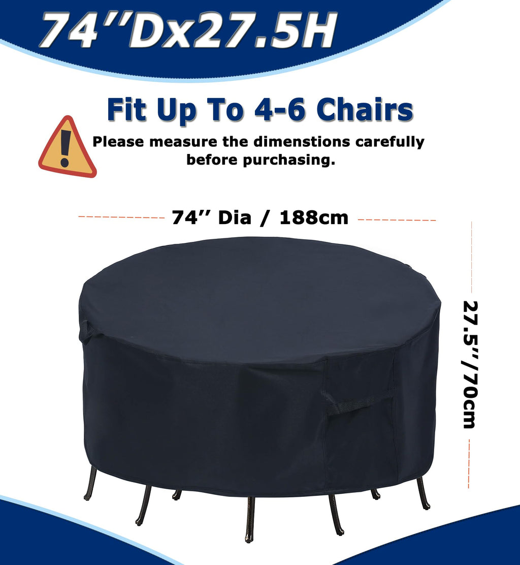Round Patio Furniture Covers, 74'' Dia Outdoor Furniture Covers, Waterproof Outdoor Table Cover, Fire Pit Cover Outdoor Round Ta