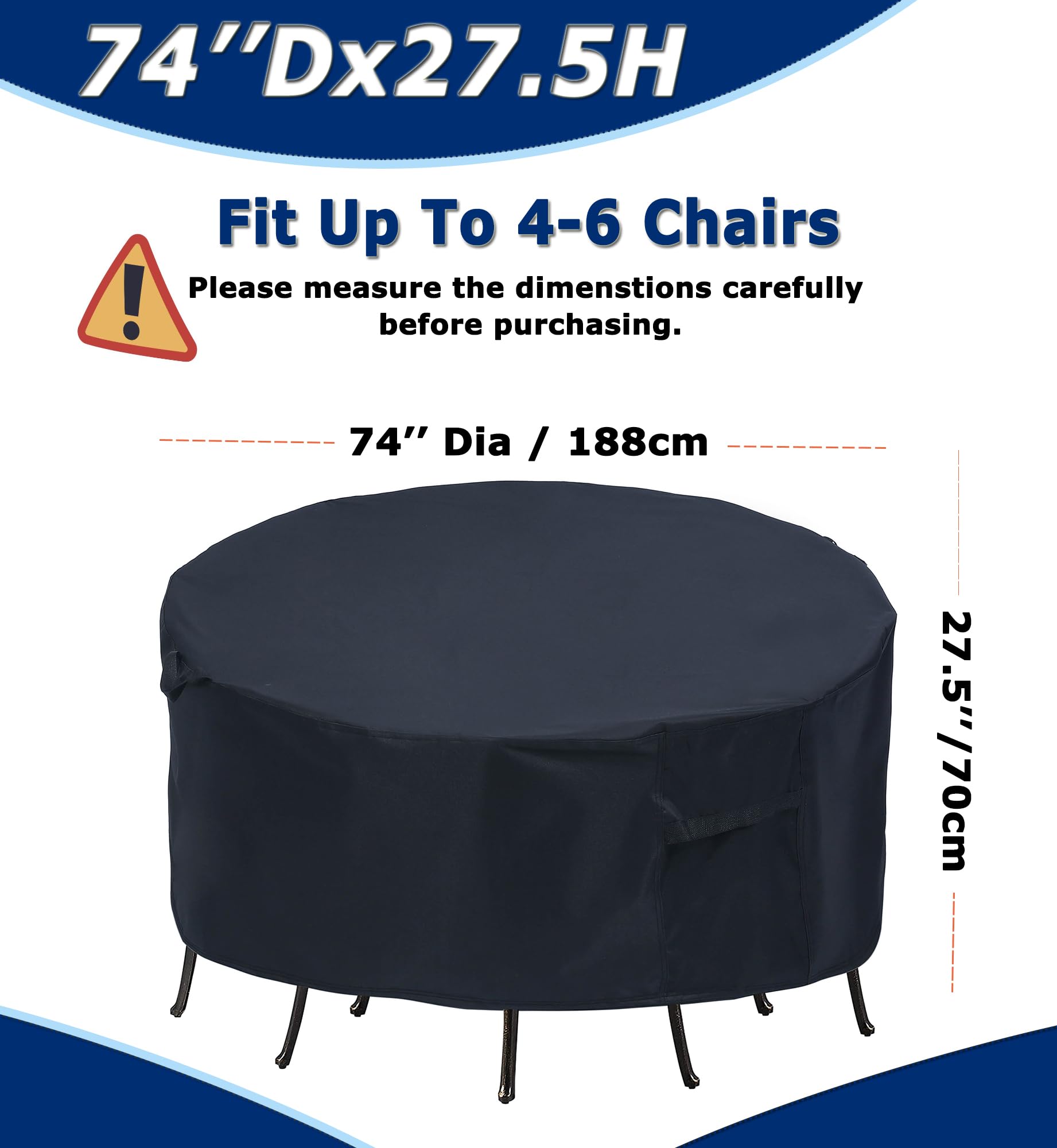 Round Patio Furniture Covers, 74'' Dia Outdoor Furniture Covers, Waterproof Outdoor Table Cover, Fire Pit Cover Outdoor Round Ta