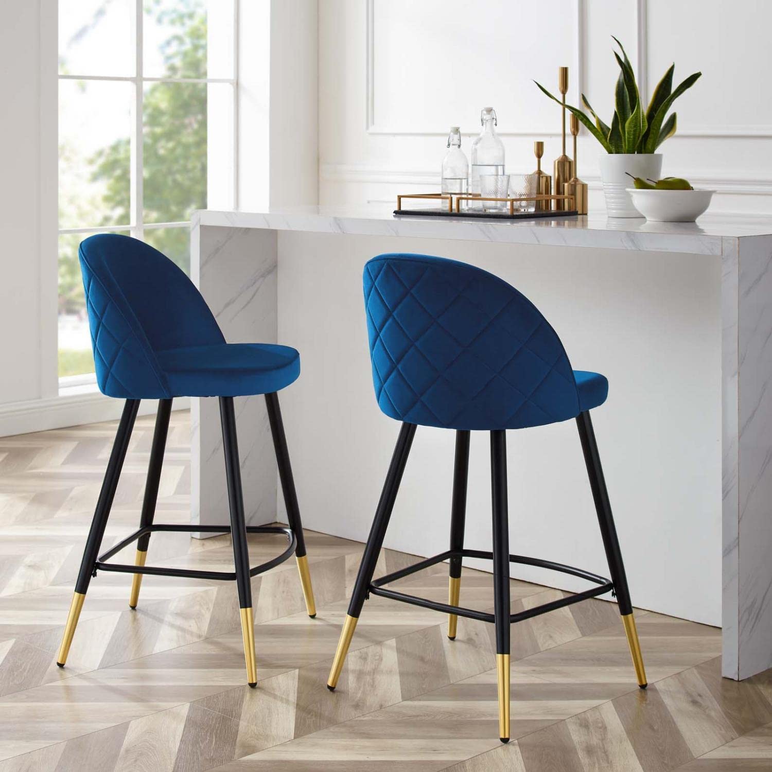 Modway Cordial Performance Velvet Dining Counter Stools in Navy - Set of 2