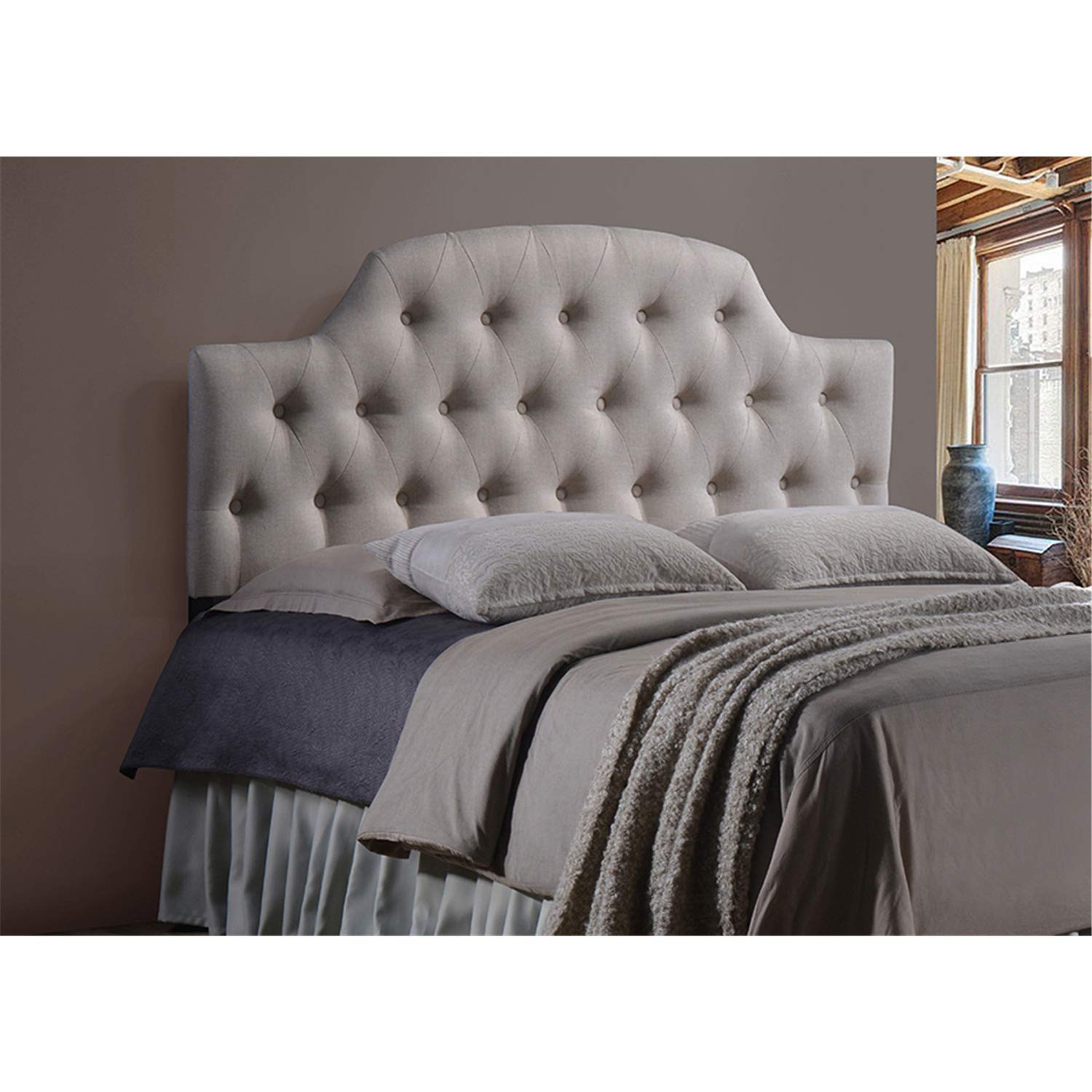 Baxton Studio Morris Modern and Contemporary Fabric Upholstered Button-Tufted Scalloped Headboard Beige/Twin