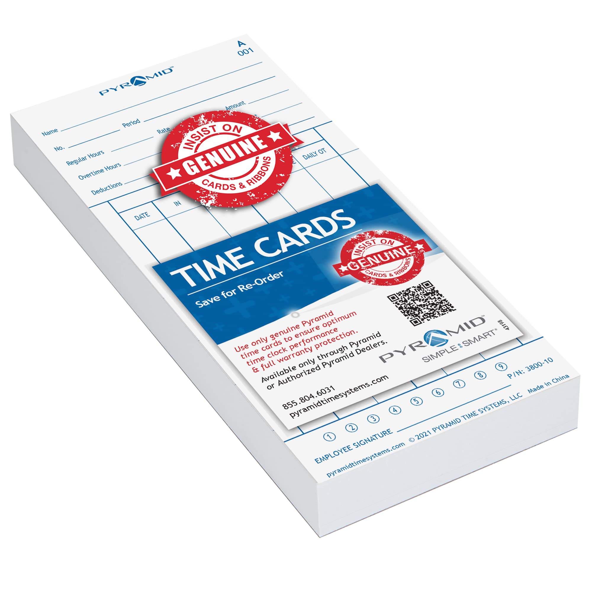 Pyramid Time Systems, 3800-10, Genuine And Authentic Time Cards For The Pyramid Model 3800 Auto Totaling Time Clock, 100 Per Pac