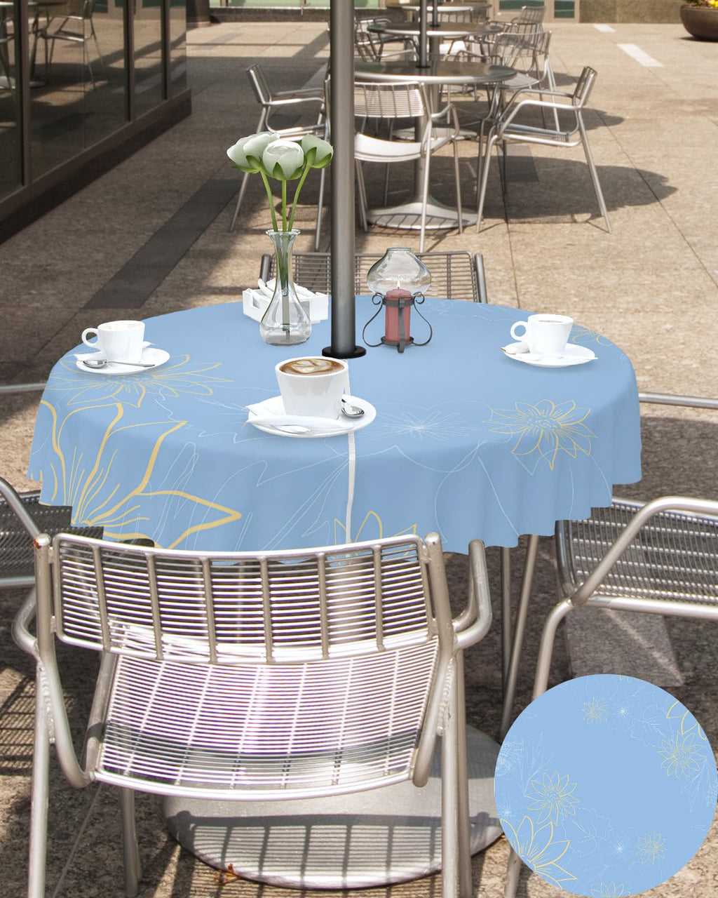 Queenker Outdoor Tablecloth With Umbrella Hole, Minimalist Lines Leaves Flowers Blue Round Tables Waterproof Tabletop Collection