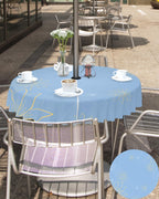 Queenker Outdoor Tablecloth With Umbrella Hole, Minimalist Lines Leaves Flowers Blue Round Tables Waterproof Tabletop Collection