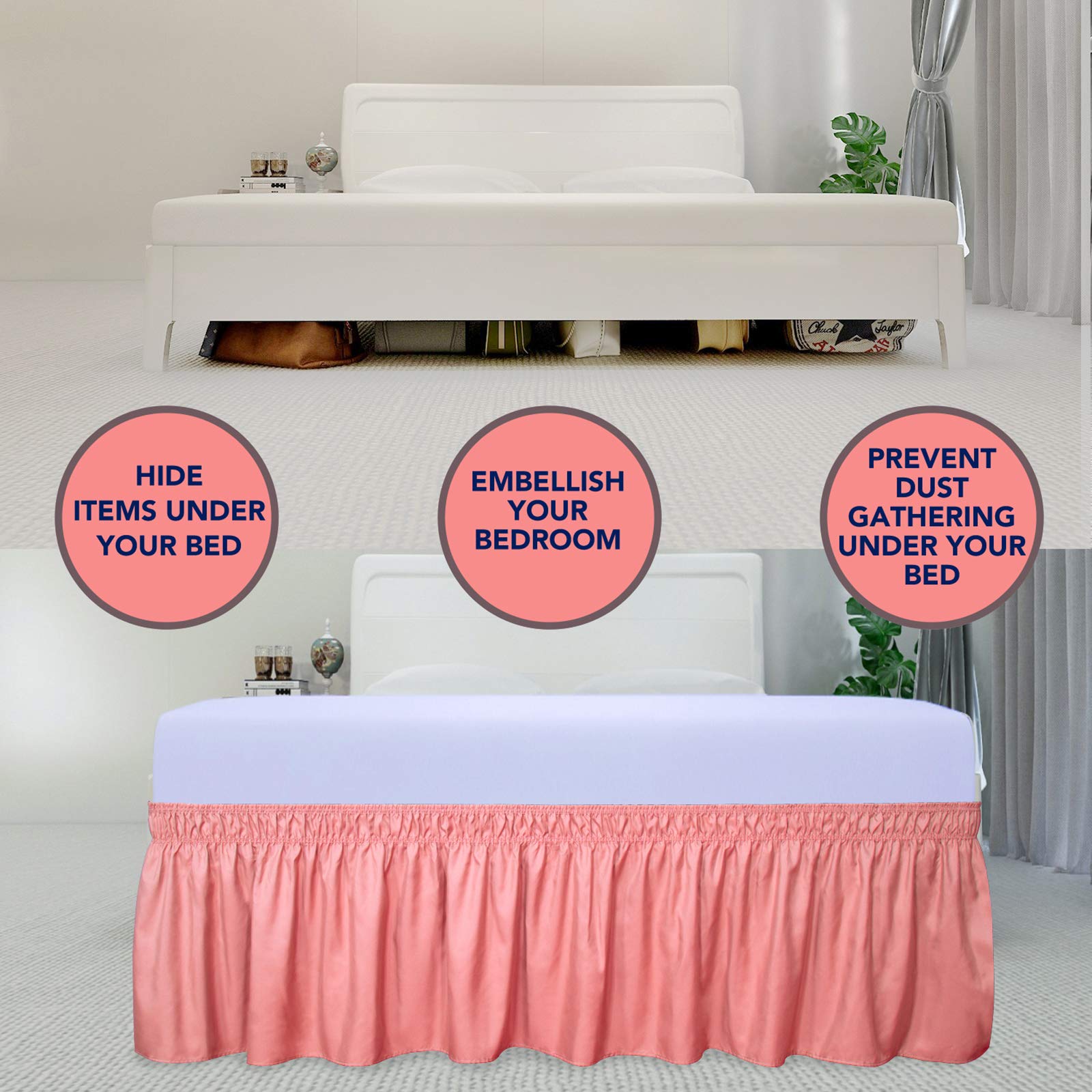 Purefit Wrap Around Ruffled Bed Skirt With Adjustable Elastic Belt - 14 Inch Drop Easy To Put On, Wrinkle Free Bedskirt Dust Ruffles, Bed Frame Cover For Twin,Twin Xl And Full Size Beds, Pink