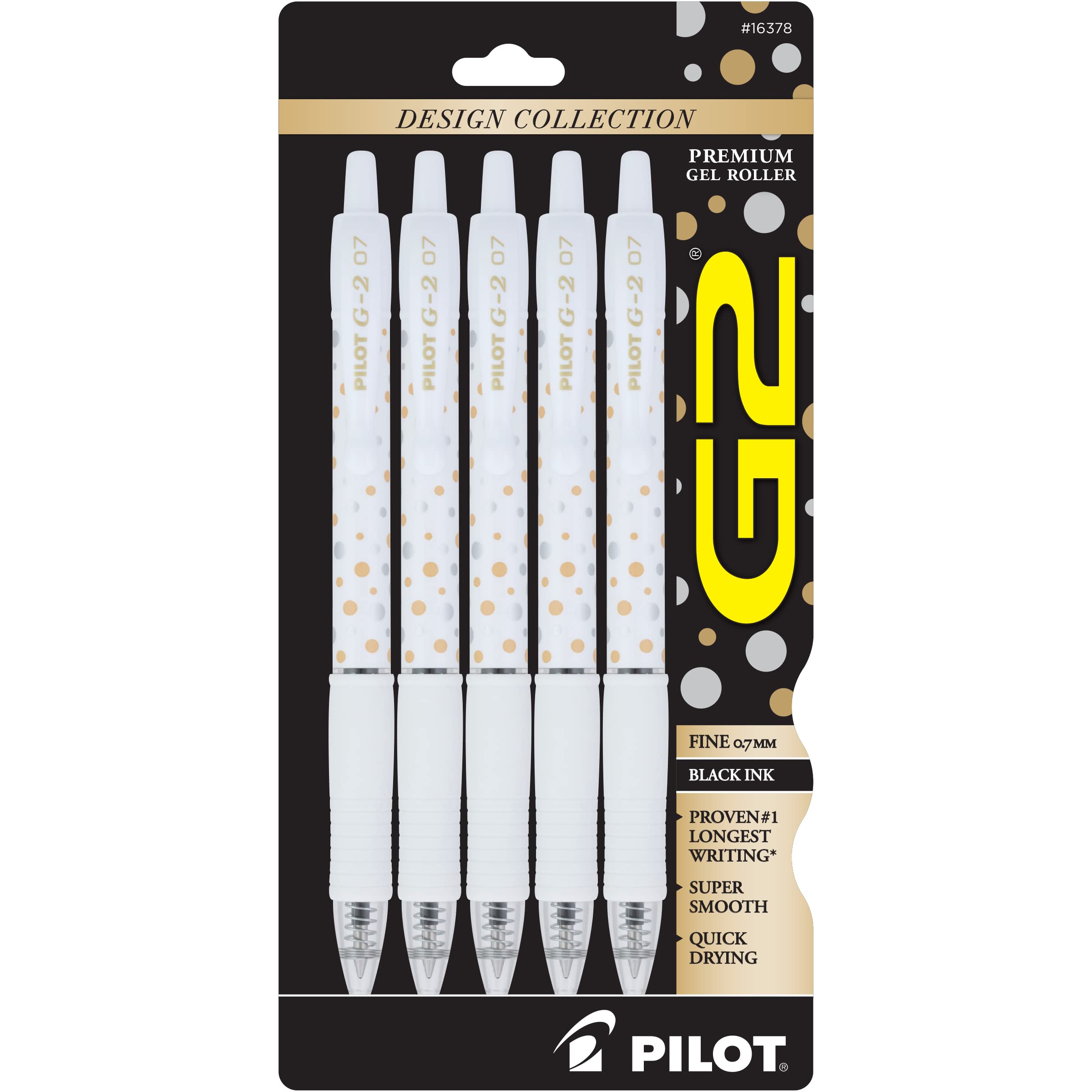 Pilot, G2 Premium Gel Roller Pens, Fine Point 0.7 Mm, Dot-Patterned Barrels, Pack Of 5, Black