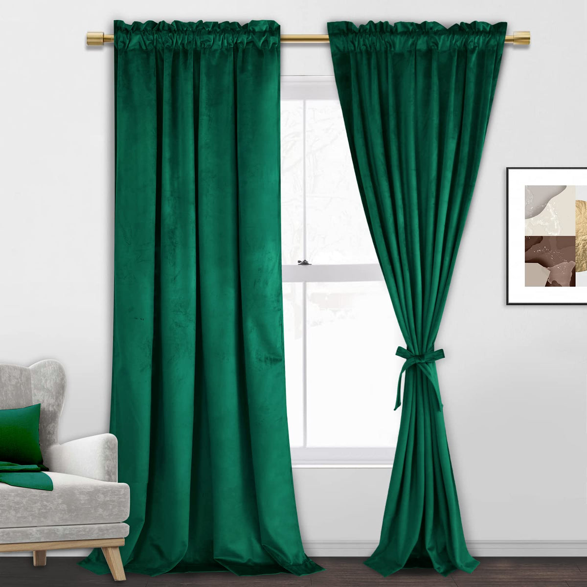 Jiuzhen Green Velvet Curtains 96 Inches - Super Soft Retro Blackout Velvet Drapes Room Darkening Window Drapes For Living Room/D