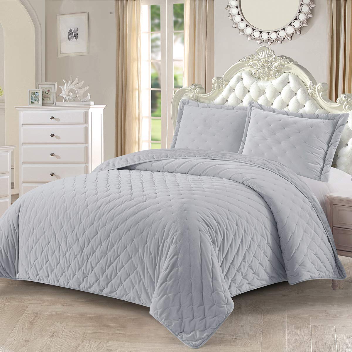 Royal Hotel Bedding Fluffy Velvet King Size Quilt, Velevt Gray 110X96 Inches Coverlet 3Pc Set, Oversized Luxury 100% Velvet Quil