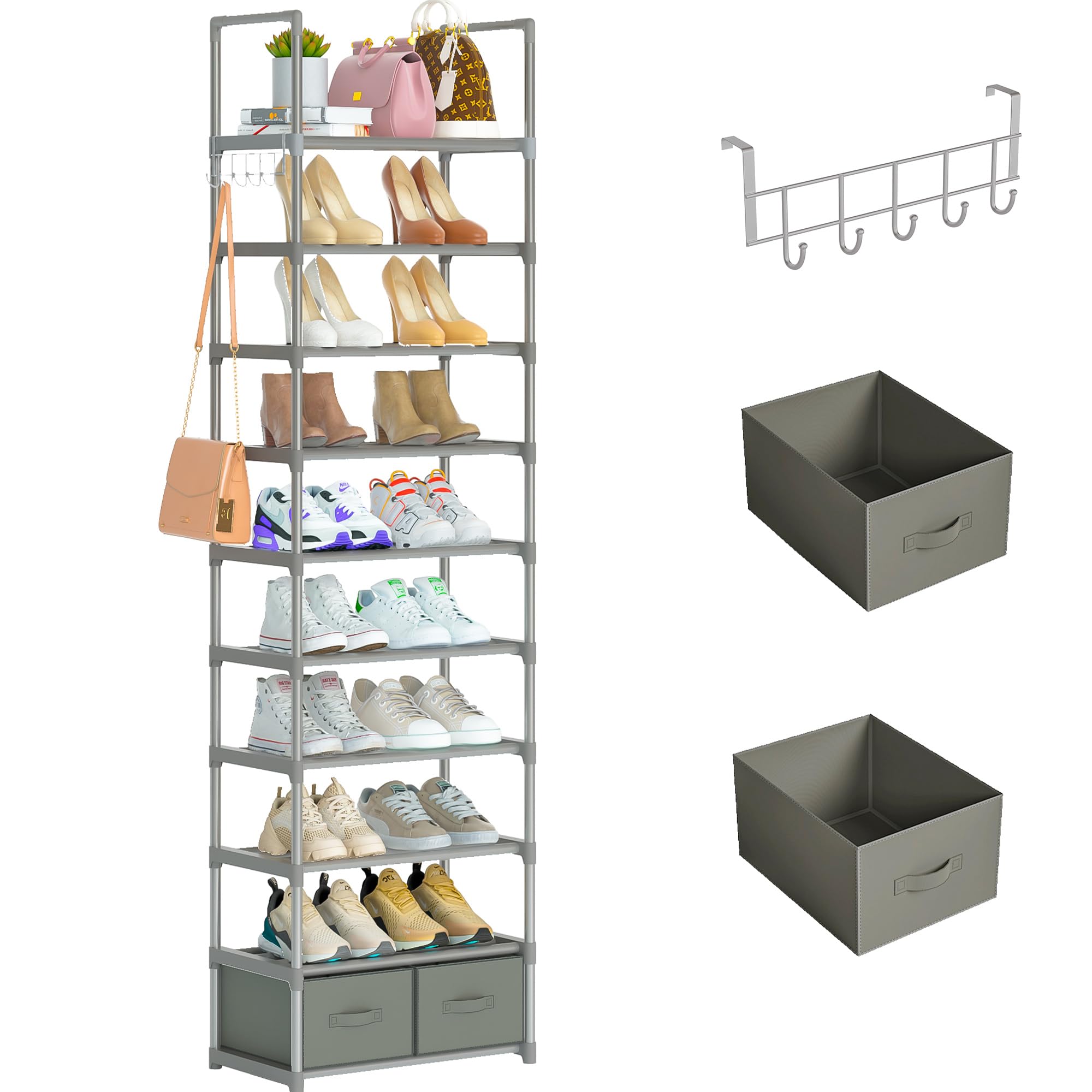 OYREL Tall Shoe Rack Narrow 10 Tier Shoes Rack 20 25 Pairs, Shoe Storage Organizer for Closet, Sturdy Metal Shoe Shelf Shoe Stan