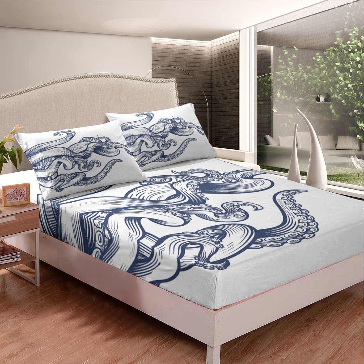 Kids Octopus Fitted Sheet Ocean Kraken Bed Sheet Set For Boys Girls Tentacles Decor Bedding Set Sealife Sea Animal Bed Cover Bed
