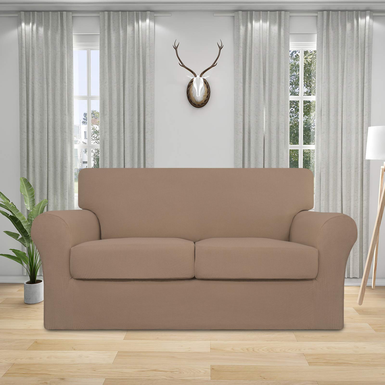 Easy-Going 3 Pieces Stretch Couch Cover Sofa Cover For Dogs Washable Sofa Slipcover For 2 Separate Cushion Couch Spandex Jacquard Fabric Elastic Furniture Protector For Pets, Kids (Camel, Loveseat)