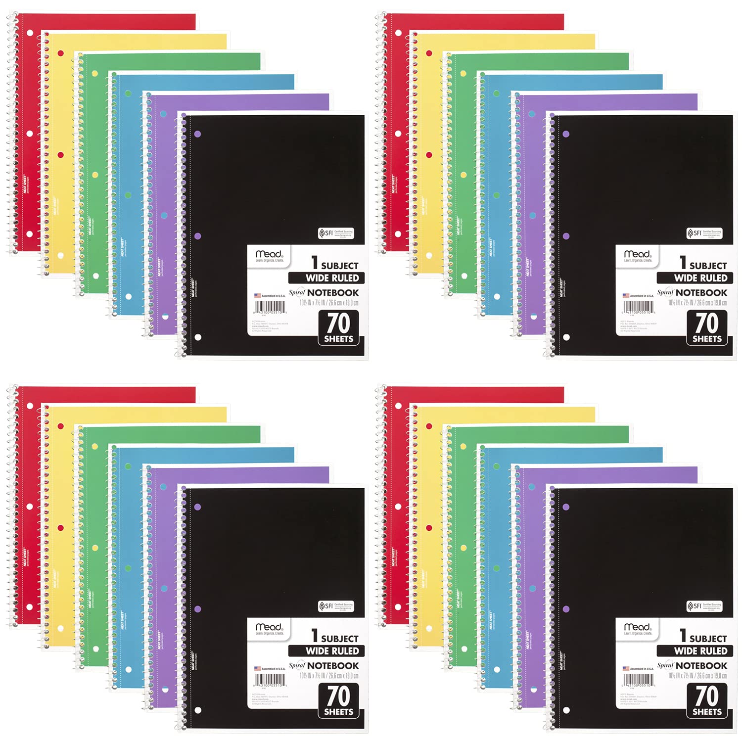 Mead Spiral Notebook, 24 Pack, 1-Subject, Wide Ruled Paper, 7-1/2' X 10-1/2', 70 Sheets Per Notebook, Color Will Vary (05510)