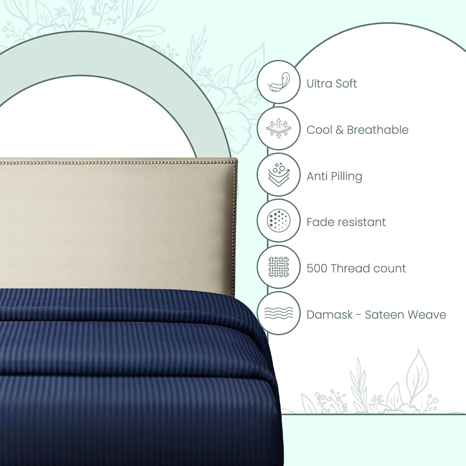 Feather & Stitch 1 Pc Fitted Sheet California King Size, 100% Cotton Damask Sateen Weave, Striped Breathable, Stretchable Elastic Sheet For Mattress 18 Inch Deep Pocket, 500Tc Ultra Soft - Dark Blue