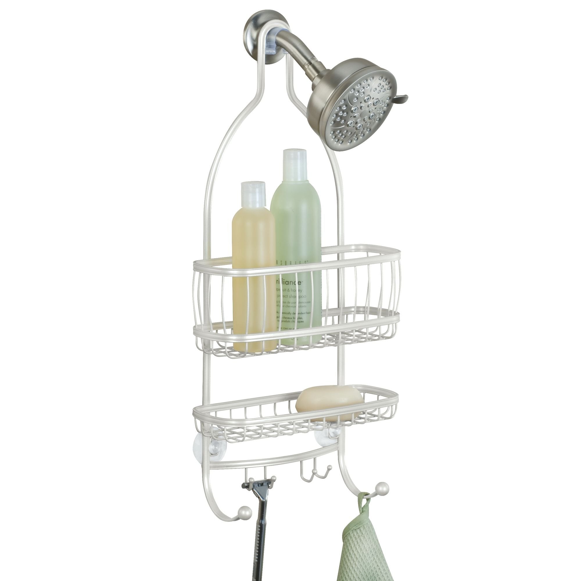 iDesign - 61974 York Metal Wire Hanging Shower Caddy, Extra Wide Space for Shampoo, Conditioner, and Soap with Hooks for Razors,