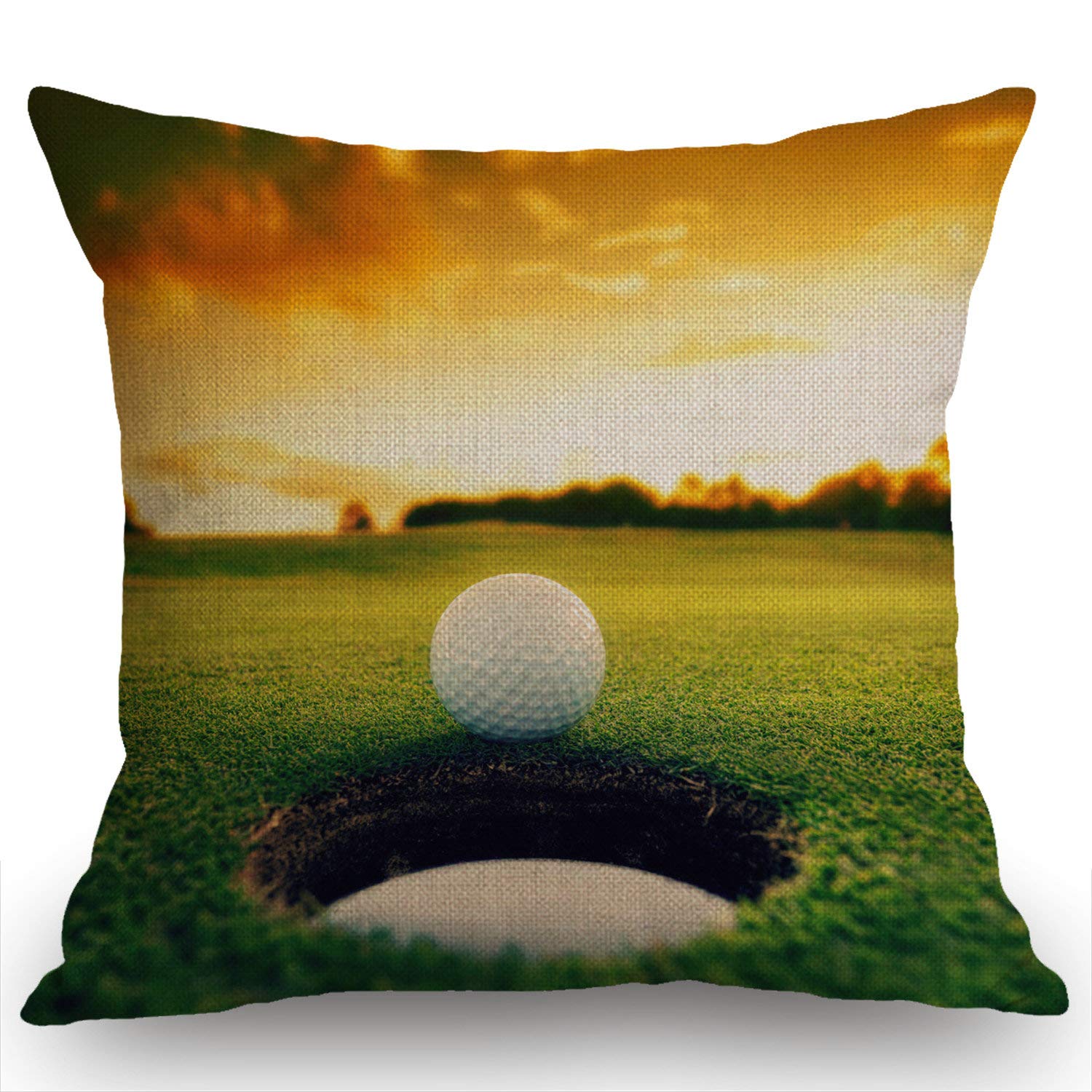 Swono Golf Course Throw Pillow Cover Golf Ball Near Hole Decorative Pillow Case Cotton Linen Cushion Cover Decor 18X18 Inch Pill