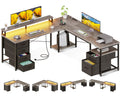 Aodk 66' L Shaped Desk, 113' Computer Desk With File Cabinet & 4 Fabric Drawers, Home Office Desk With Monitor Shelf & Power Outlet, Two Person Desk Or Corner Desk, Gaming Desk With Led Light, Grey