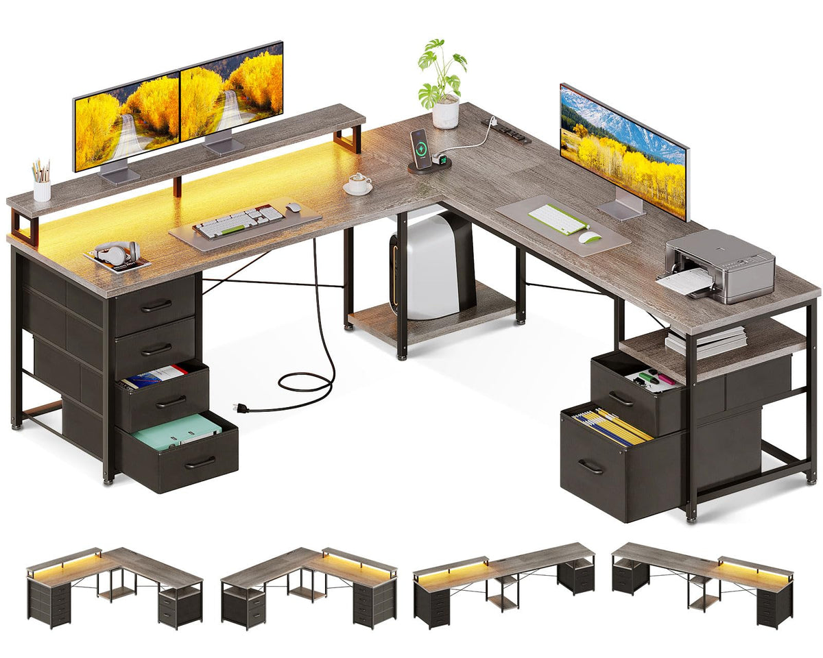 Aodk 66' L Shaped Desk, 113' Computer Desk With File Cabinet & 4 Fabric Drawers, Home Office Desk With Monitor Shelf & Power Outlet, Two Person Desk Or Corner Desk, Gaming Desk With Led Light, Grey