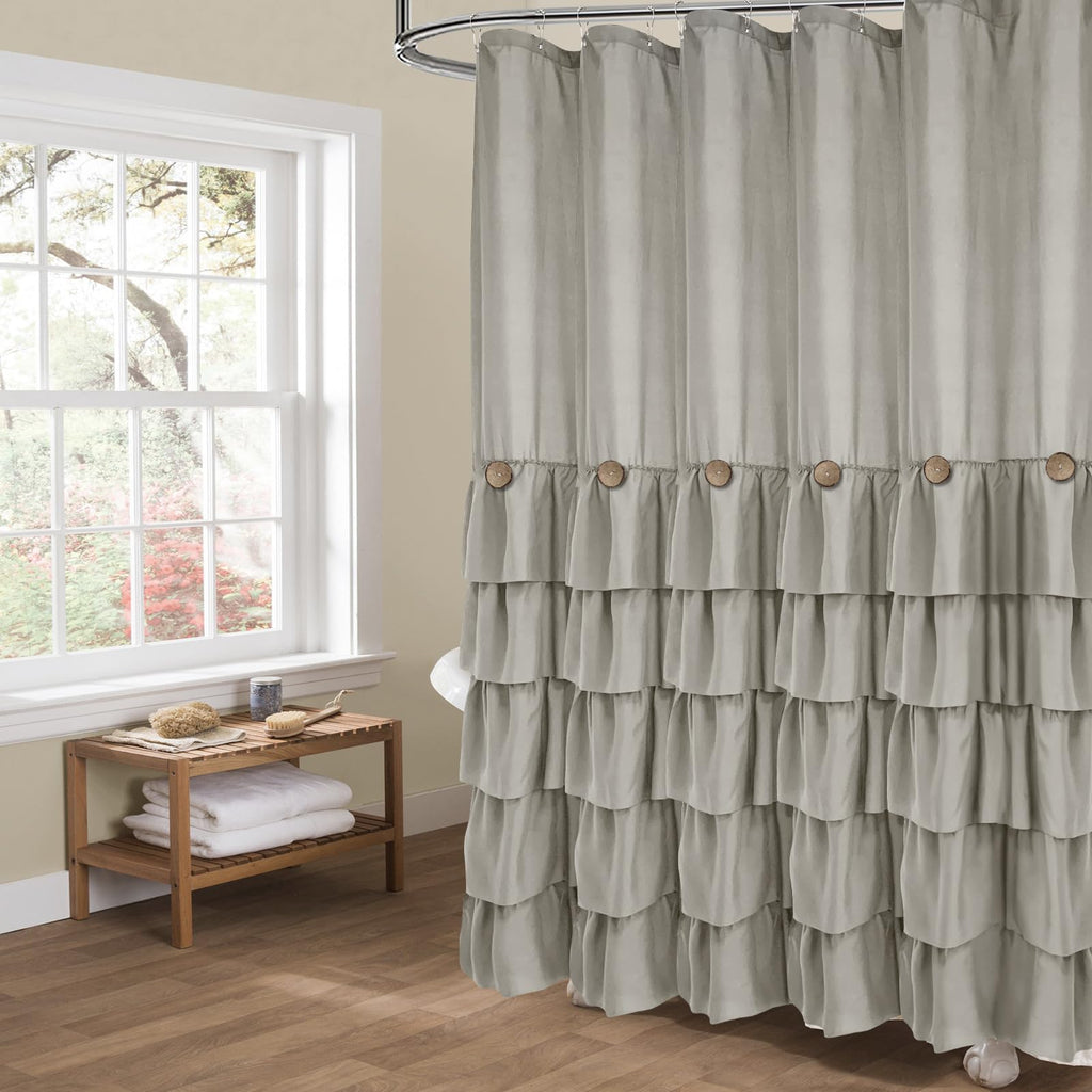 Grey Ruffle Button Shower Curtain Farmhouse Shower Curtain Set With 12 Hooks 72 X 72 Inch Fabric Shower Curtains For Bathroom Ba