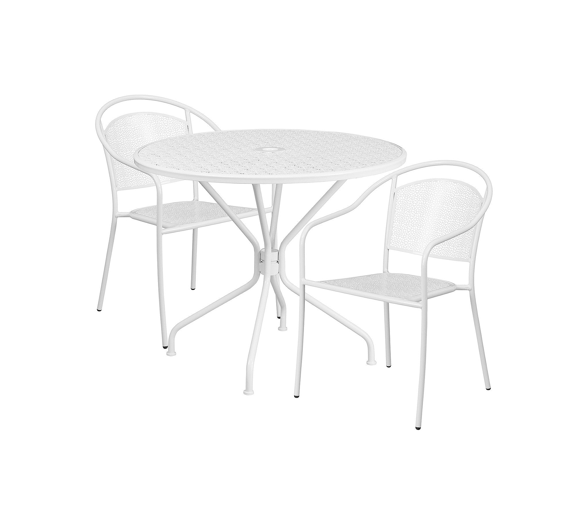 Flash Furniture Commercial Grade 35.25 Round Coral Indoor-Outdoor Steel Patio Table Set with 2 Round Back Chairs