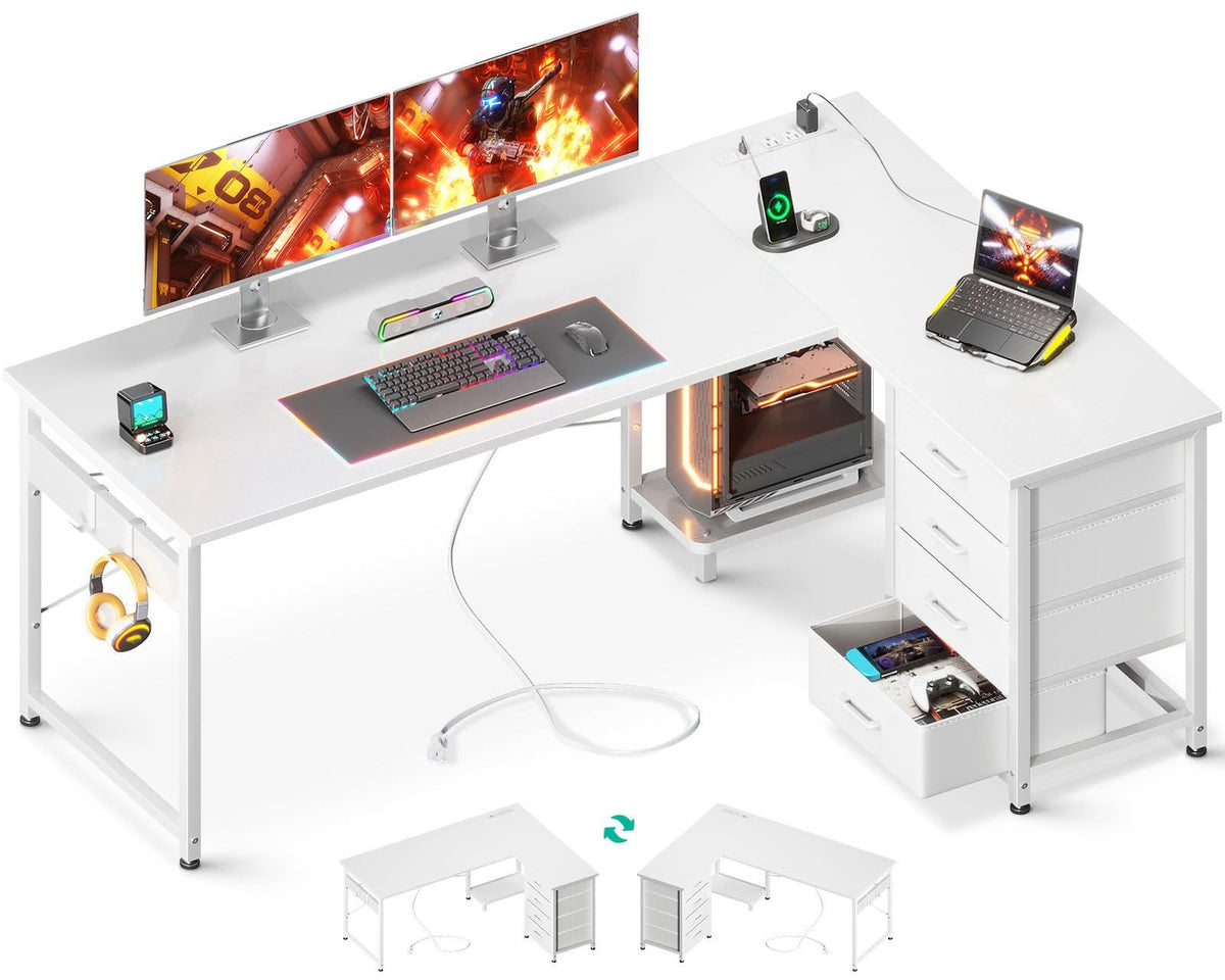 Aodk L Shaped Desk With 4 Tier Drawers, 61' Reversible Gaming Desk With Power Outlets, L Shaped Computer Desk With Usb Charging Port And Host Stand, Home Office Corner Desk, Easy To Assemble, White