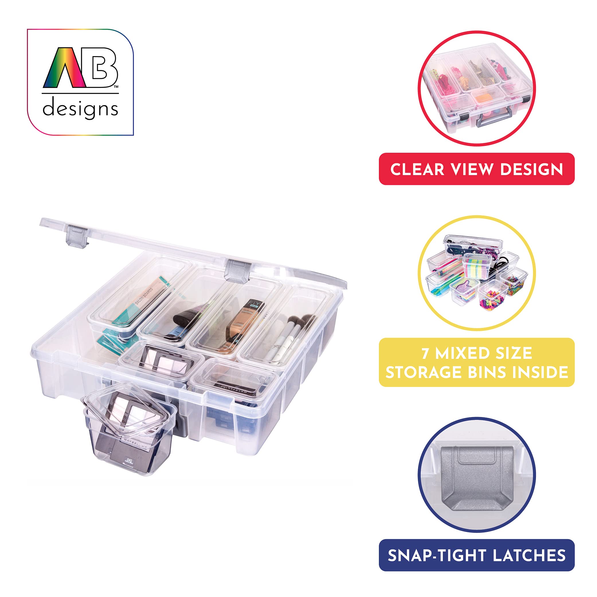 Ab Designs 6967Abd Super Satchel With 9 Mixed Bins Inside, Stackable Home Storage Organization Container, Clear With Sliver Latc