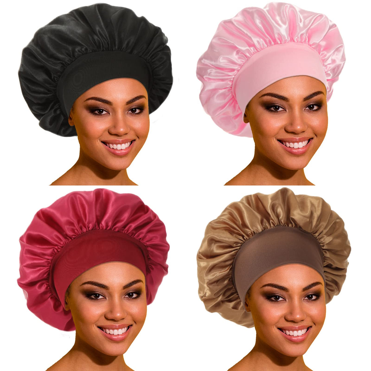 Satin Bonnet Silk Bonnet Hair Bonnet for Sleeping- 4 Pack Bonnets for Black Women with Wide Elastic Band for Curly Hair