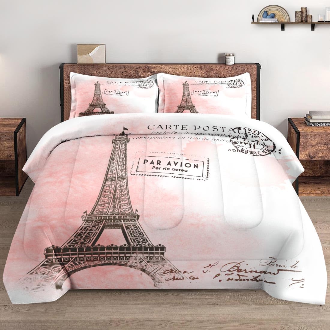 Wecozy 2 Pcs Comforter Set Twin Size With Pillowcase, Paris Eiffel Tower Bedding Set For Kids And Adults, Beautiful Pink Place S