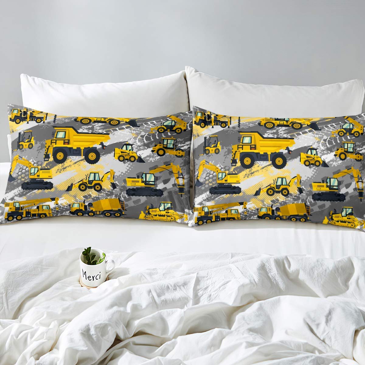 Kids Cartoon Car Bed Sheet Set Full Size Boys Construction Vehicles Bedding Set For Teens Children Cartoon Machinery Truck Bed Sheets Set Construction Site Cars Bed Cover 4Pcs, Super Soft,Breathable
