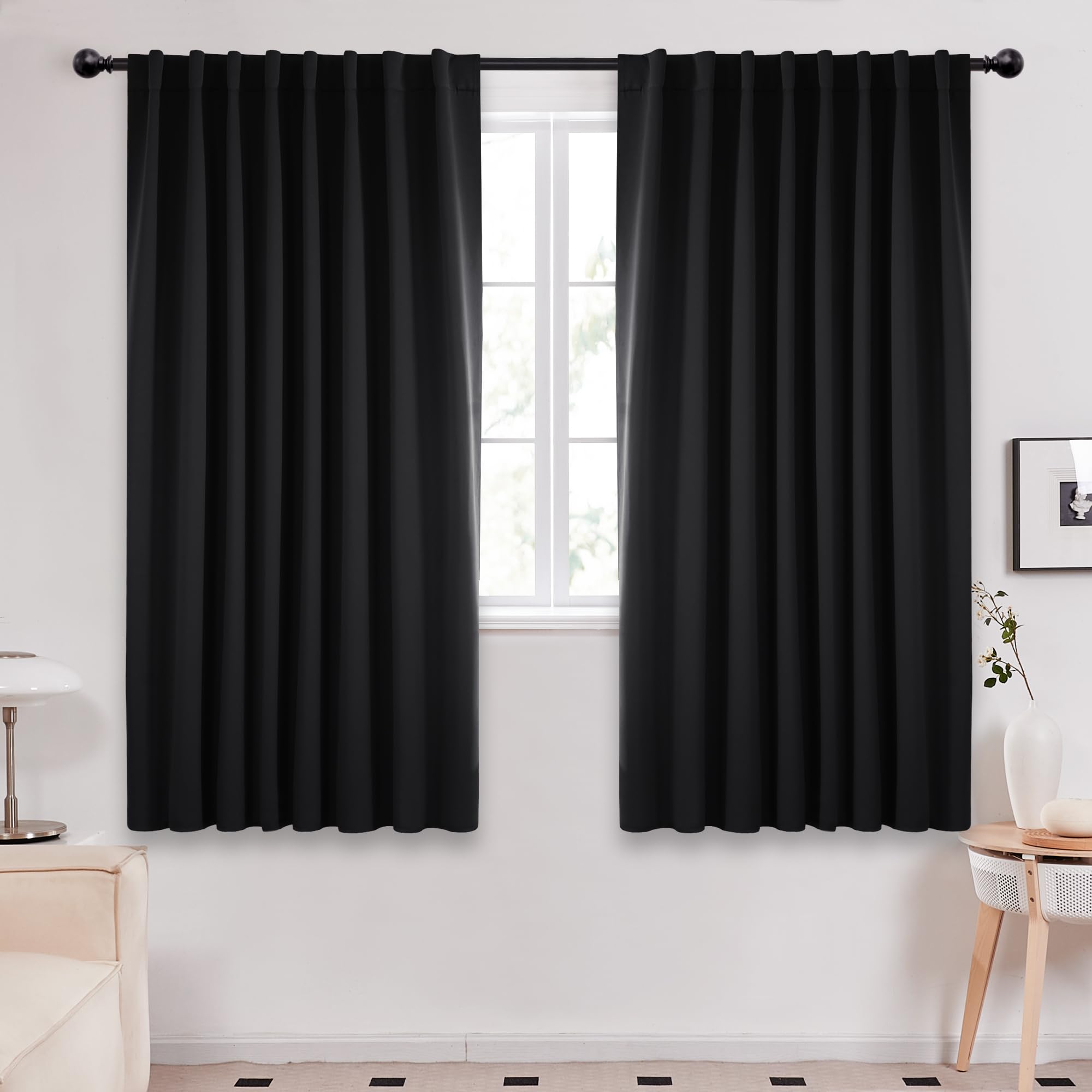 Deconovo Blackout Curtains – Room Darkening, Noise-Reducing, Thermal Insulated – Energy-Efficient Window Treatment For Bedroom, Living Room & Home Office – 2 Panels, Black, 70W X 63L Inch