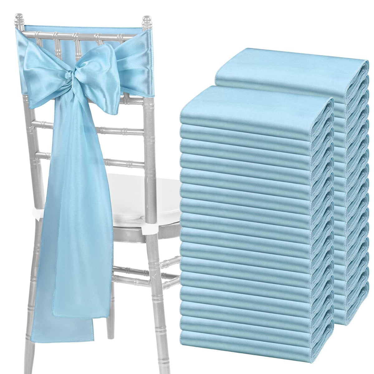 Fani 120 Pcs Baby Blue Satin Chair Sashes Bows Universal Chair Cover For Wedding Reception Restaurant Event Decoration Banquet,P