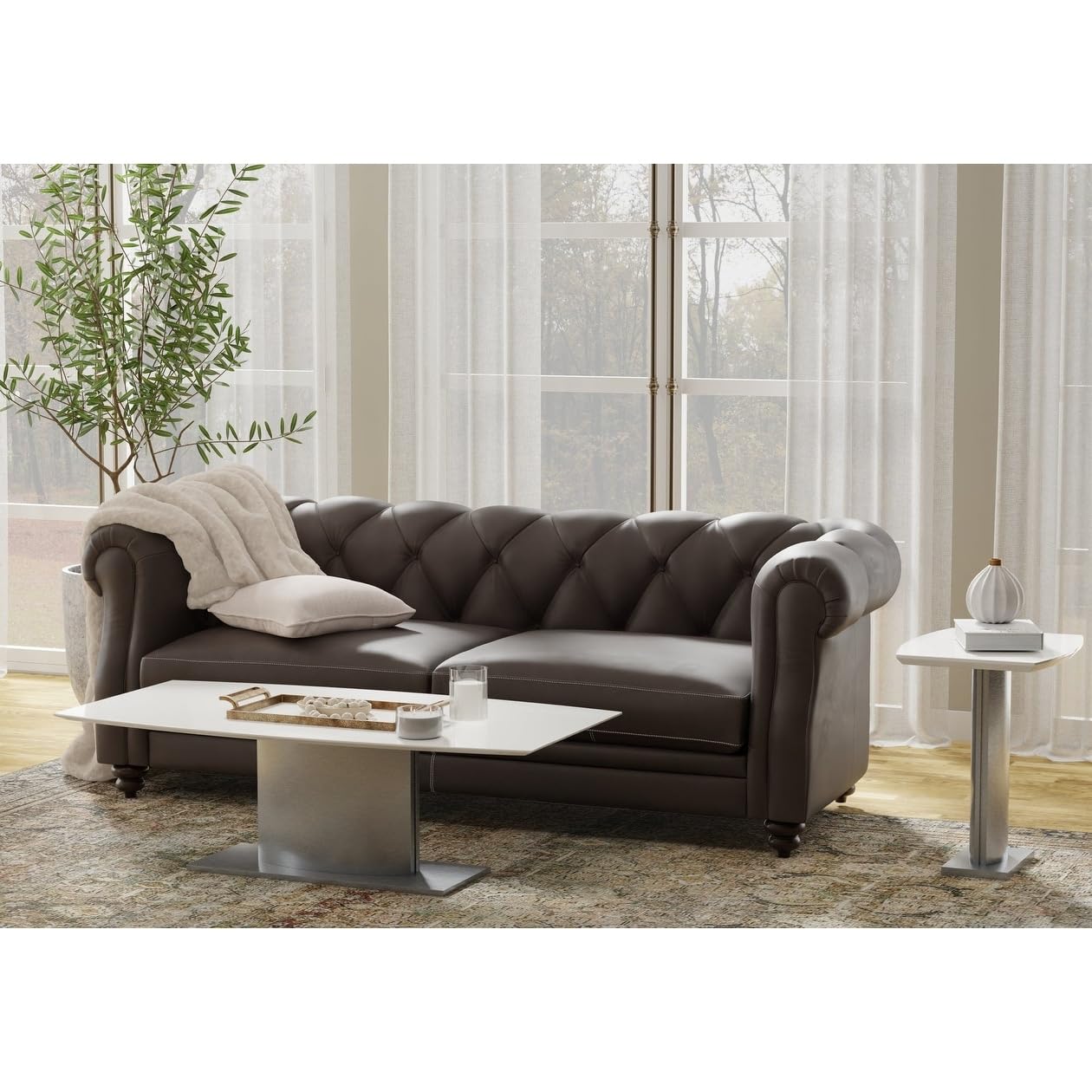 Creative Images White Marble Top Coffee Table with Stainless Steel Base White