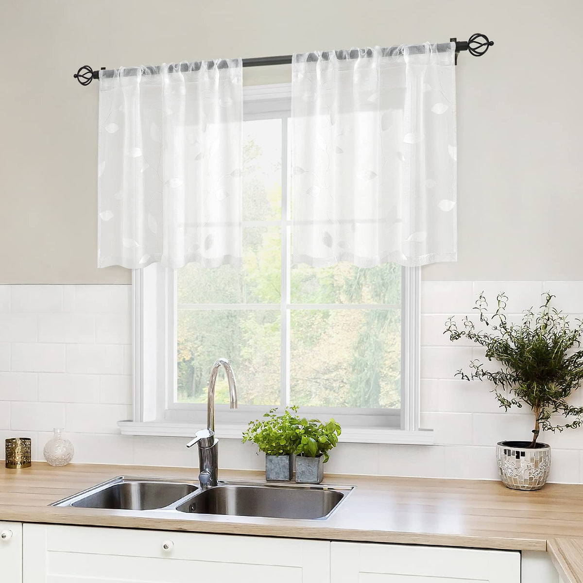 Homeideas White Sheer Kitchen Curtains 30 X 36 Inch Length 2 Panels Embroidered Leaf Pattern Short Curtains For Small Window Val