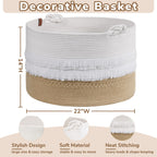 Cherrynow Large Wicker Laundry Basket For Entryway, Bedroom, Jute Decorative Basket For Clothes, Toys, Portable Towel Basket For Bathrooom, 22 X 14 Inches, 83L, White & Camel
