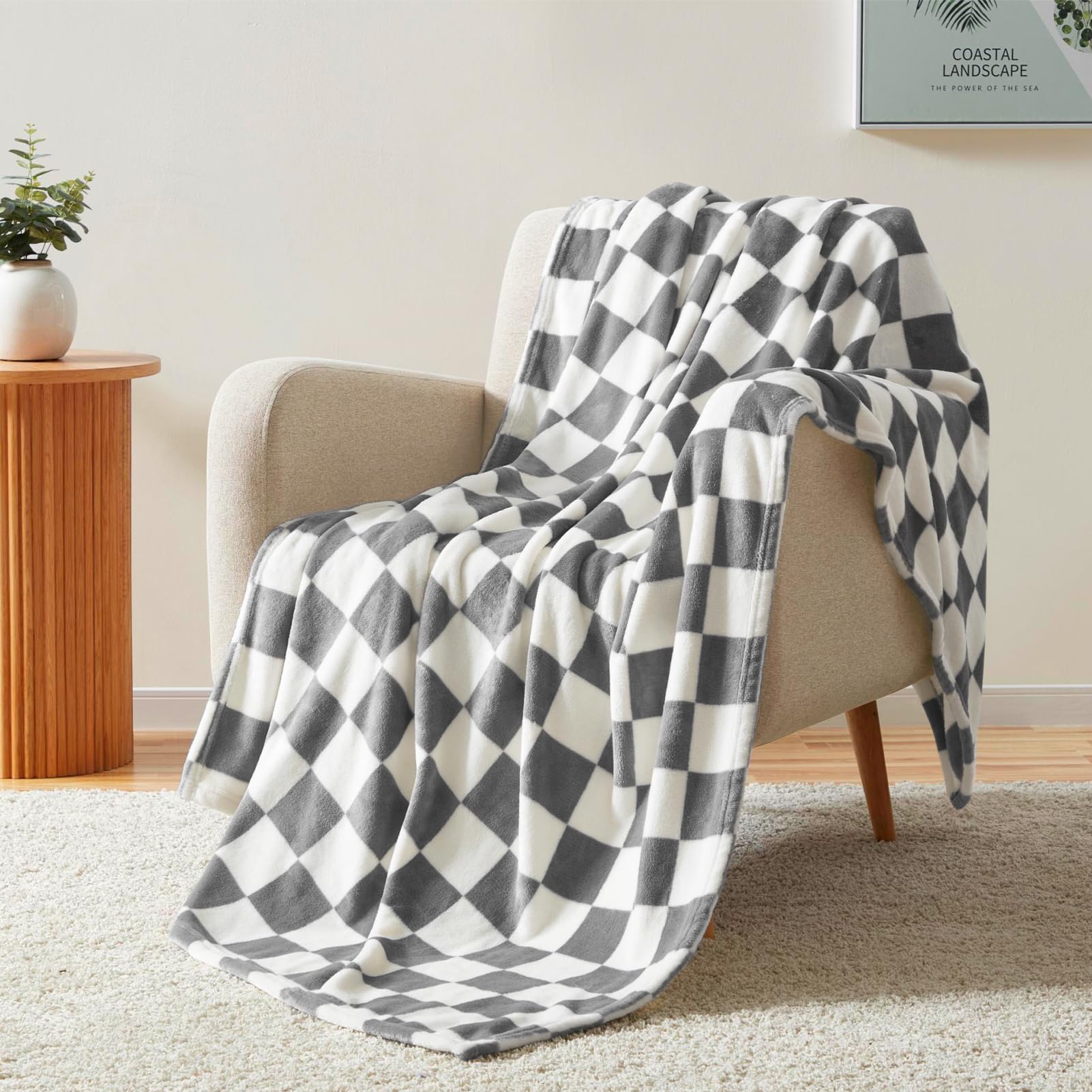 Homelike Moment Checkered Blanket Twin Size, Grey Checkerboard Grid Soft Fluffy Fleece Twin Blanket, Fuzzy Cozy Plush Blanket Fo