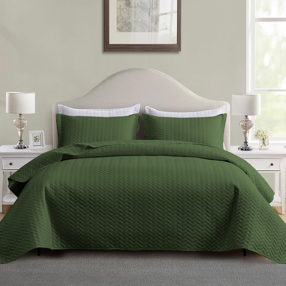 Maple&Stone Quilt Set King Size, Lightweight Olive Green Bedspread Ultrasonic Chevron Pattern Light Coverlet For All Season Comf