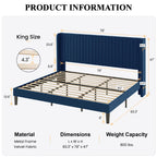 Sha Cerlin King Size Velvet Bed Frame With Vertical Channel Tufted Wingback Headboard, Upholstered Platform Bed With Wood Slats, No Box Spring Needed, Easy Assembly, Blue