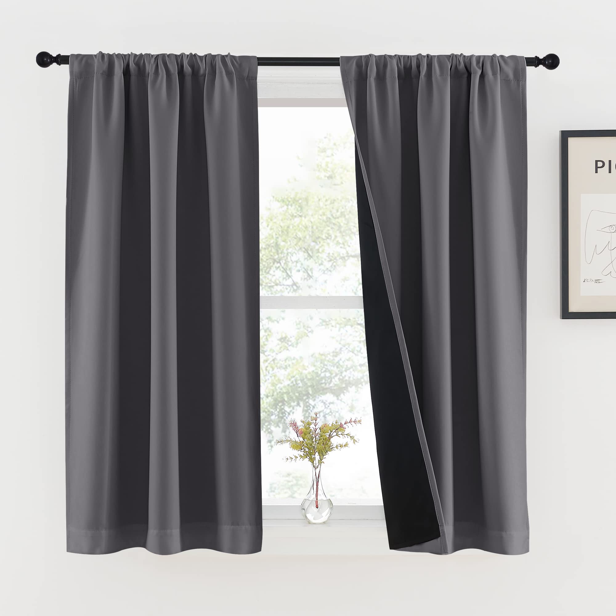 Nicetown Grey 100% Blackout Curtains 45 Inches Long For Kitchen, Rod Pocket Basement Completely Blackout Window Treatment Therma