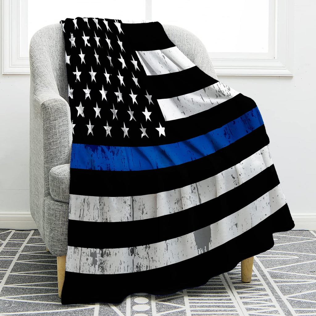 Jekeno Blue Line Police Blanket United States Police Flag Print Gifts for Men Boy Dad Husband Son Adult Home Bedroom Living Room