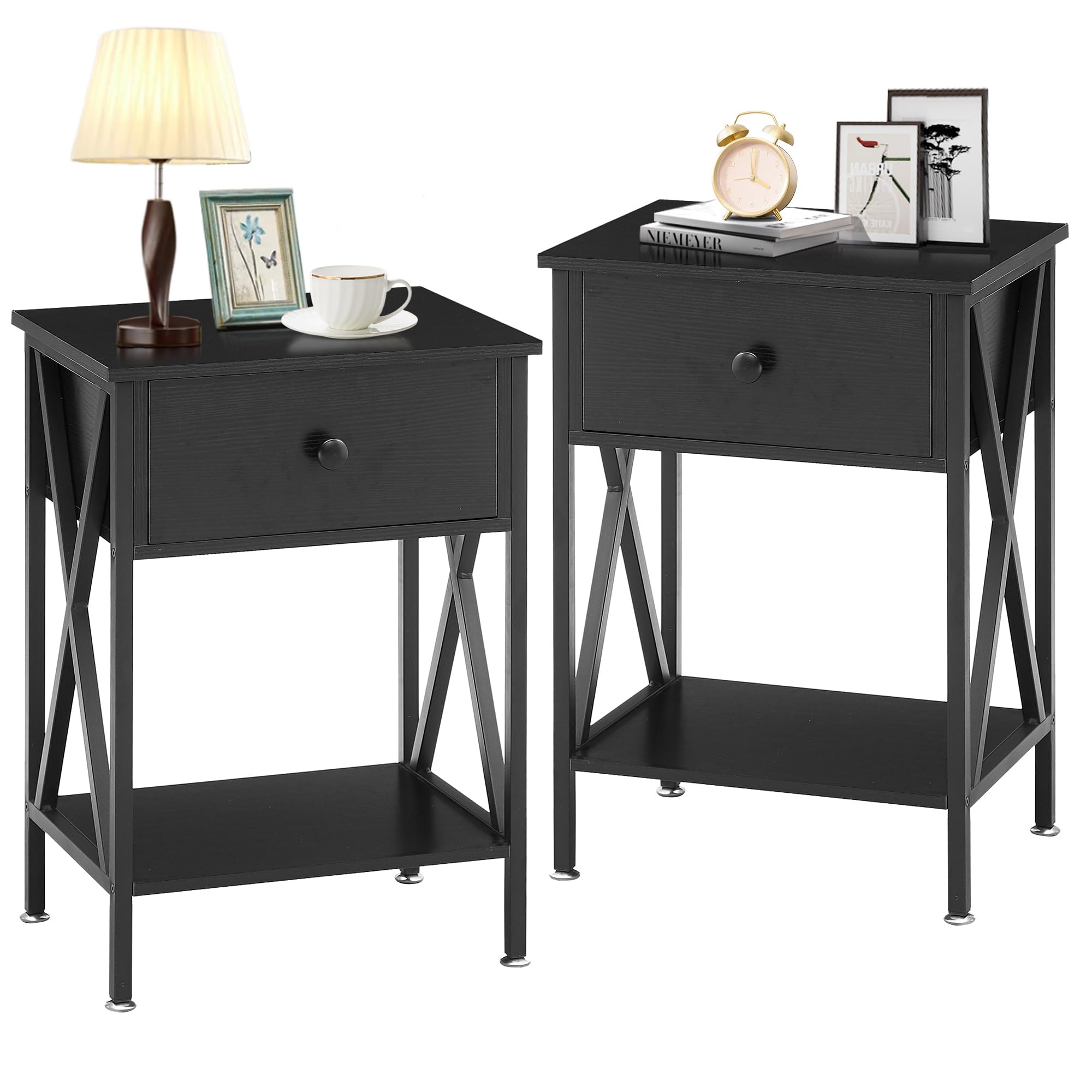 Vecelo Nightstands, Modern End Side Tables,Night Stand With Drawer &Storage Shelf For Bedroom Living Room Office Lounge, 2, Black