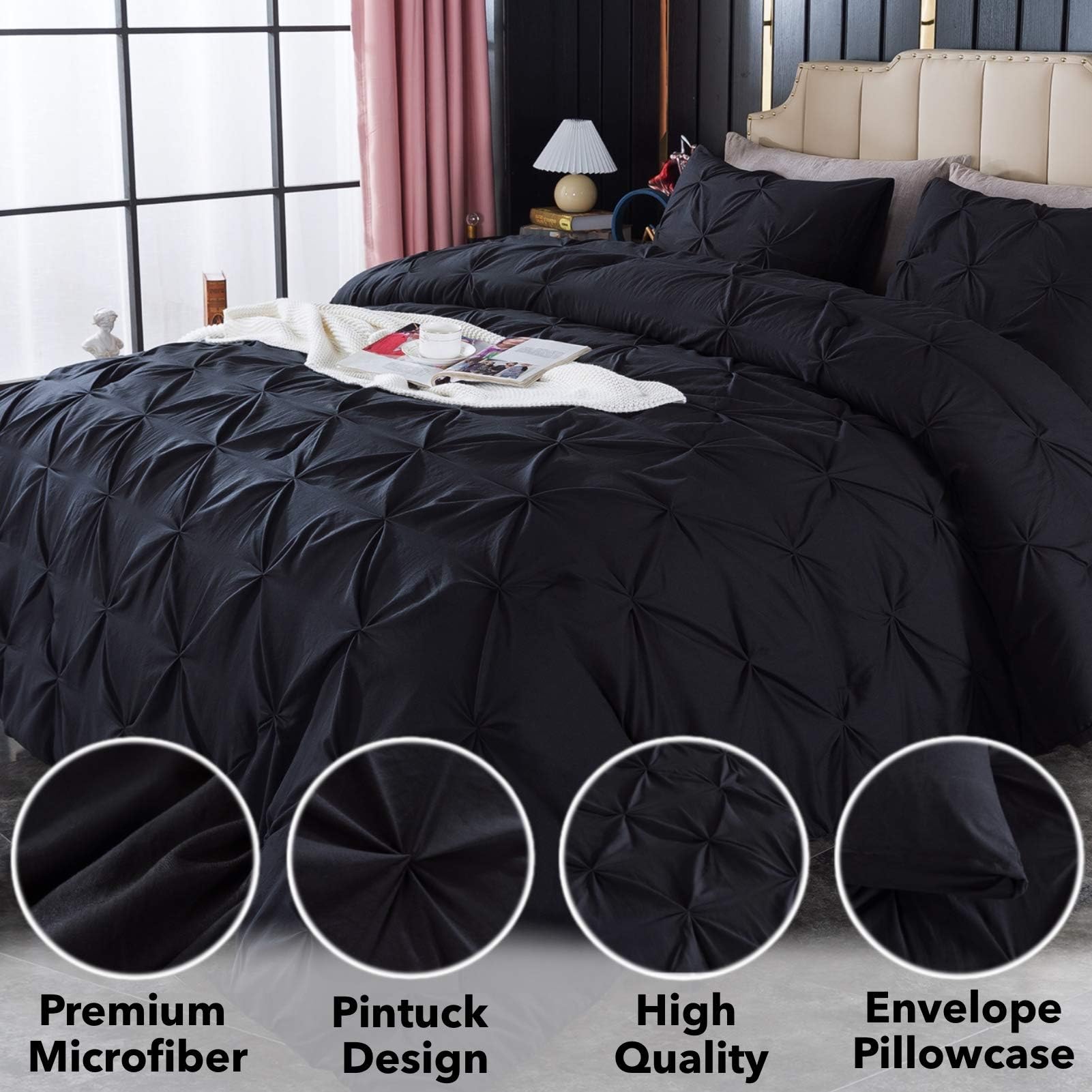 Andency California King Comforter Set Black (104X96Inch), Pinch Pleat Cal King Comforter Set 3 Pieces, Oversized King Pintuck Bed Comforter, Microfiber Down Alternative Comforter Bedding Set