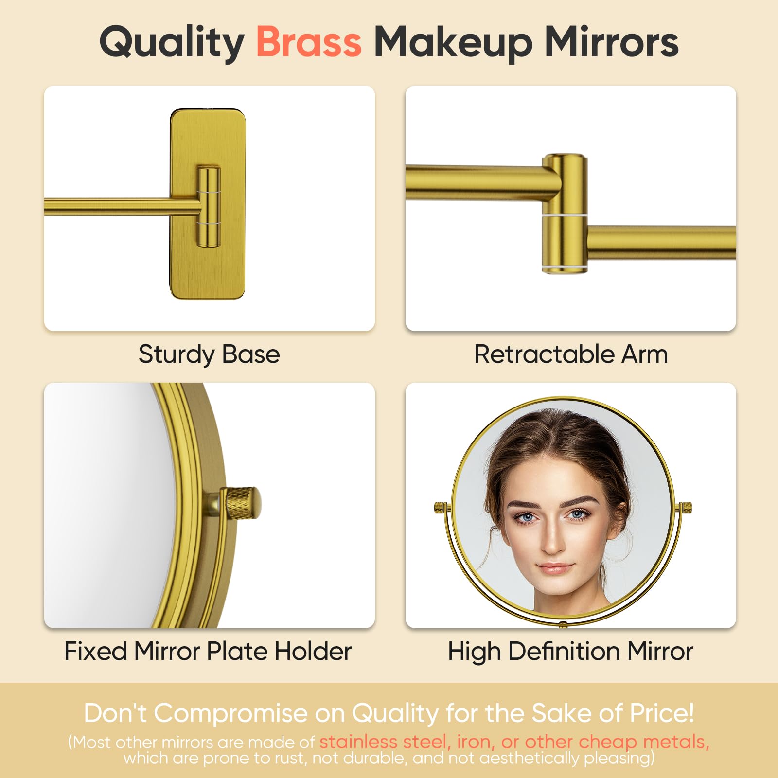 Gurun 8' Wall Mounted Makeup Mirror With 7X Magnification,Two-Sided Swivel Bathroom Mirror,Brushed Gold Finish M1406Gj(8',7X)