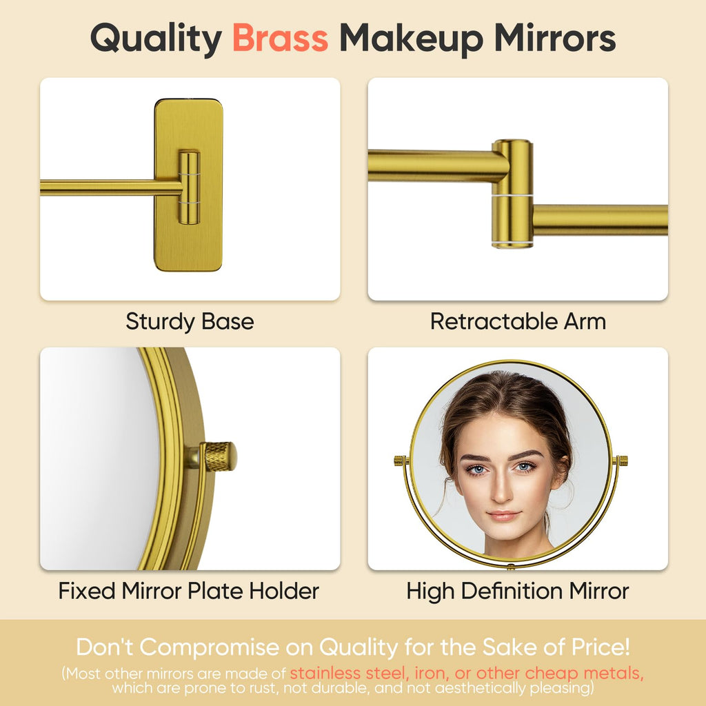 Gurun 8' Wall Mounted Makeup Mirror With 7X Magnification,Two-Sided Swivel Bathroom Mirror,Brushed Gold Finish M1406Gj(8',7X)